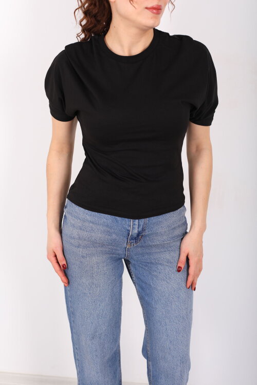 Bisiklet Yaka Kol Altı Drapeli Kısa Kol Siyah Kadın T-Shirt - Berox (1)