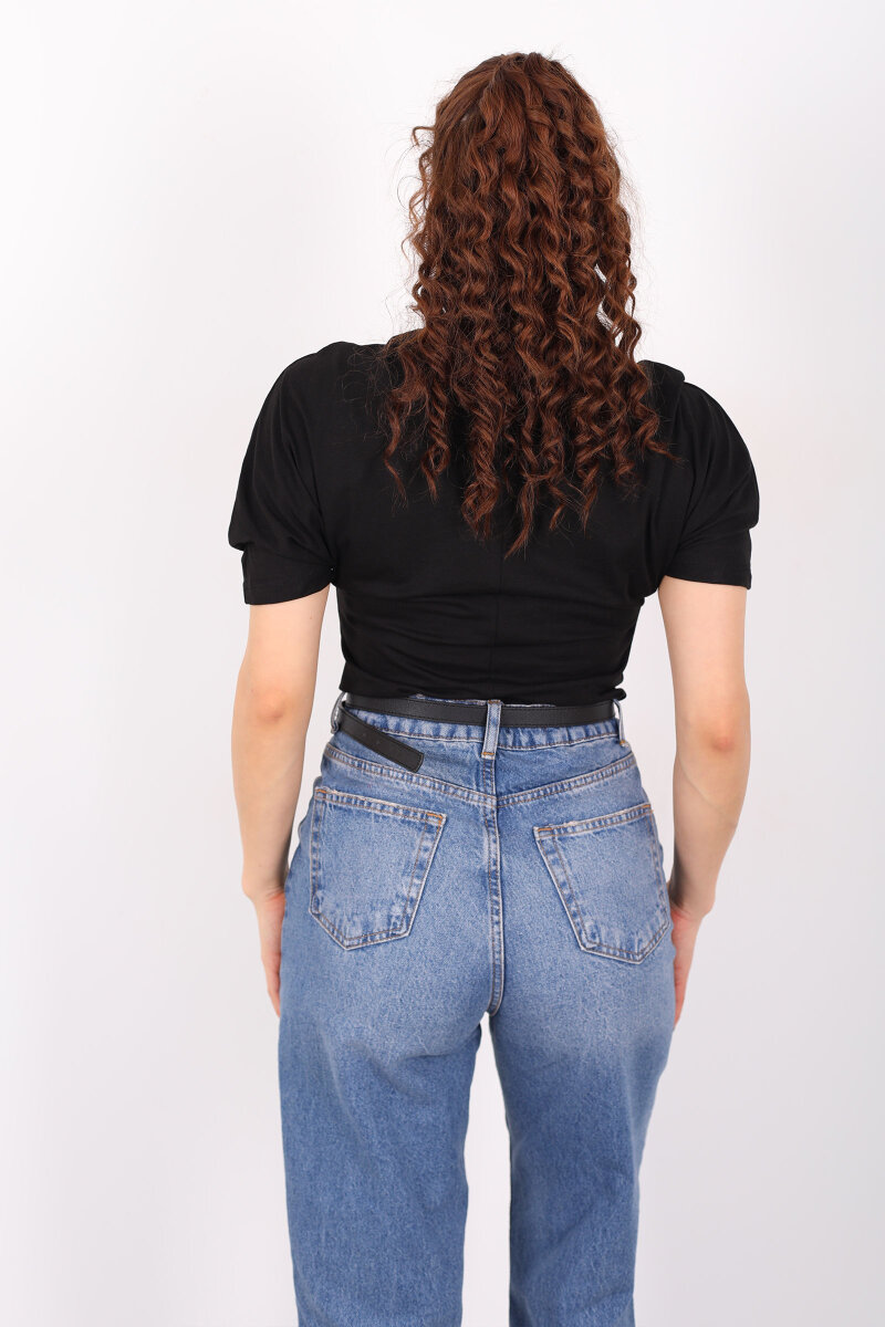 Bisiklet Yaka Kol Altı Drapeli Kısa Kol Siyah Kadın T-Shirt - 5