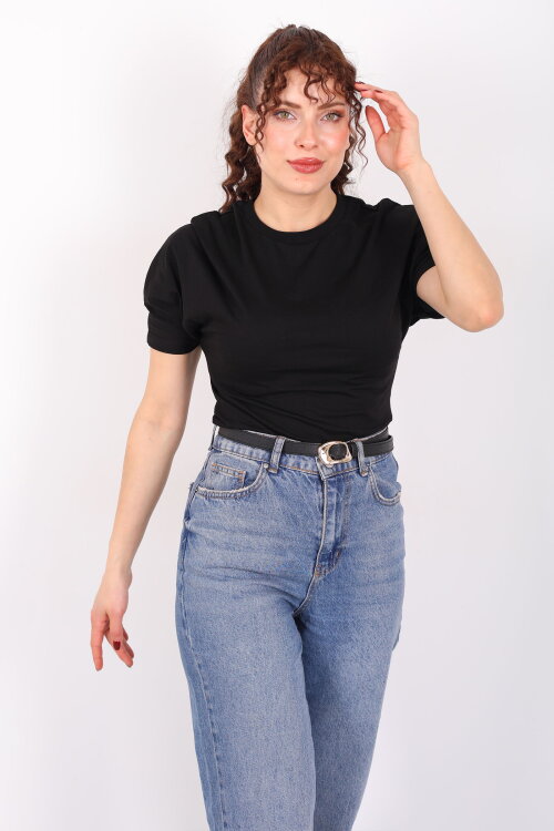 Bisiklet Yaka Kol Altı Drapeli Kısa Kol Siyah Kadın T-Shirt - Berox