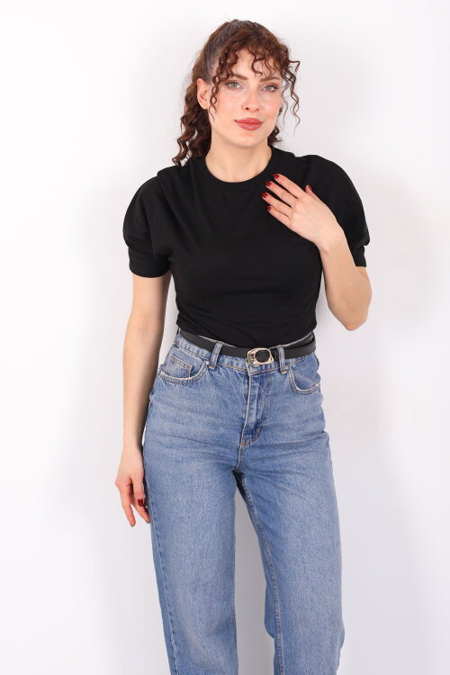 Bisiklet Yaka Kol Altı Drapeli Kısa Kol Siyah Kadın T-Shirt - 3