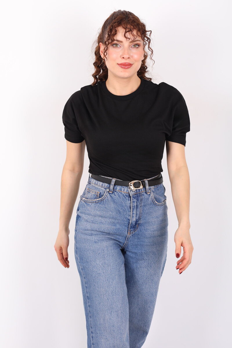 Bisiklet Yaka Kol Altı Drapeli Kısa Kol Siyah Kadın T-Shirt - 6