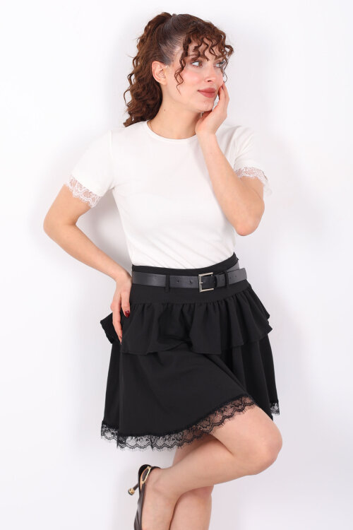 Bisiklet Yaka Kol Güpür Detaylı Beyaz Kadın Basic T-Shirt - 4