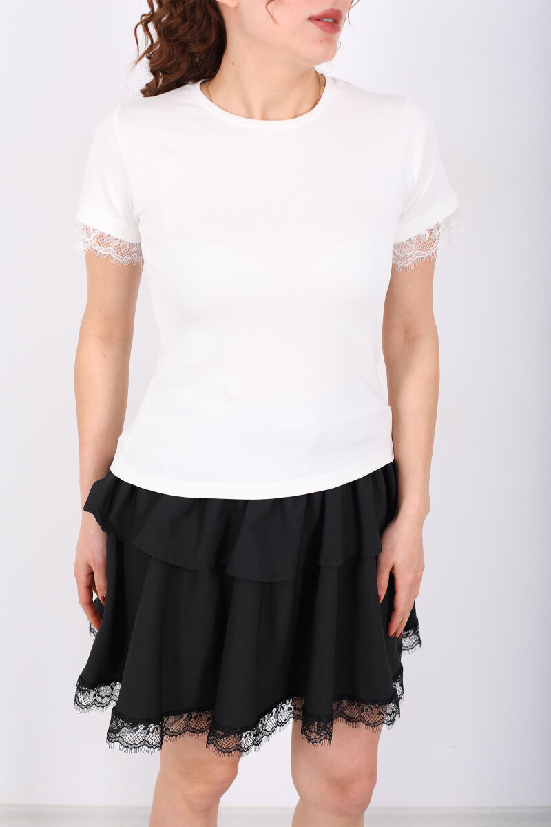 Bisiklet Yaka Kol Güpür Detaylı Beyaz Kadın Basic T-Shirt - 2