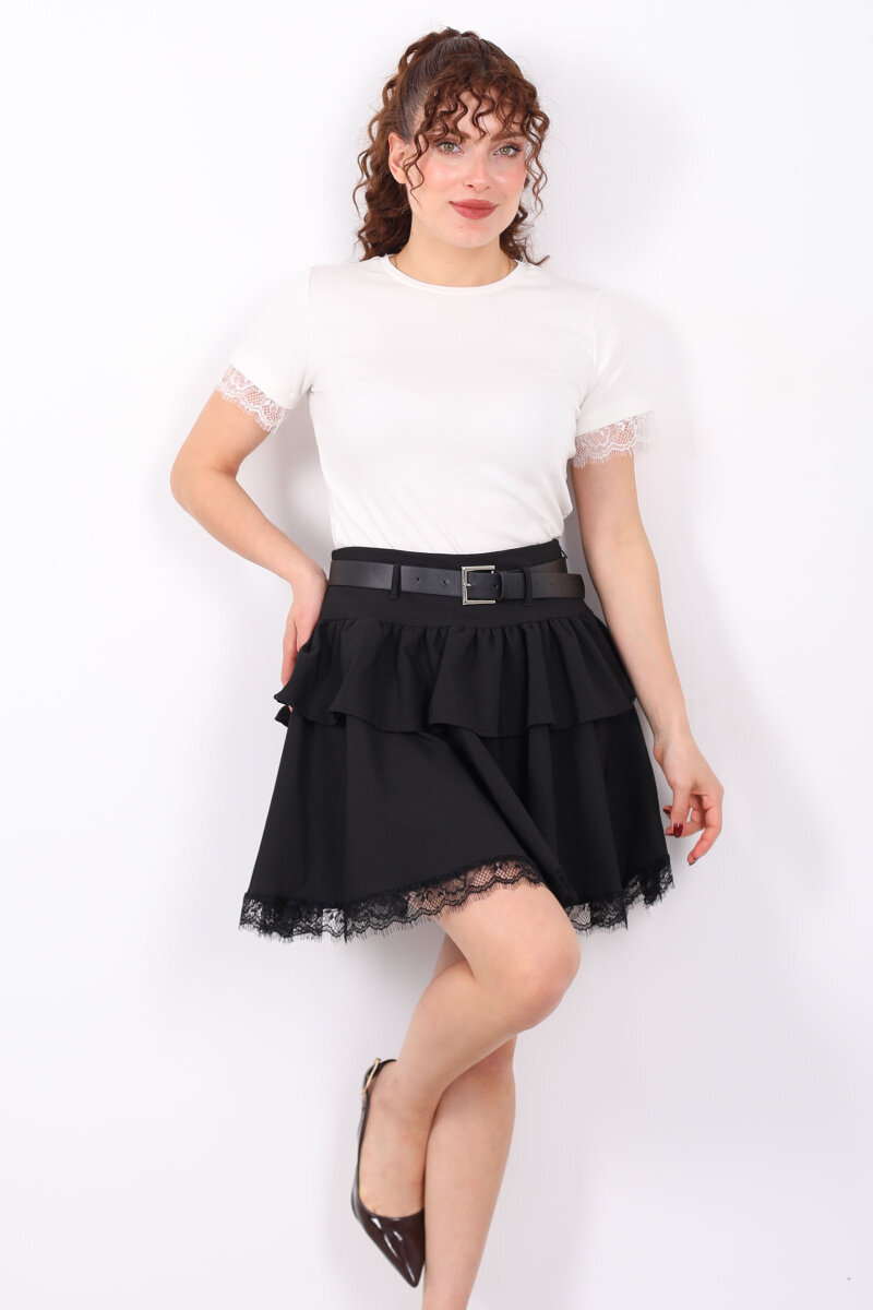 Bisiklet Yaka Kol Güpür Detaylı Beyaz Kadın Basic T-Shirt - 1