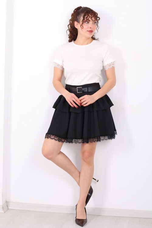 Bisiklet Yaka Kol Güpür Detaylı Beyaz Kadın Basic T-Shirt - 3