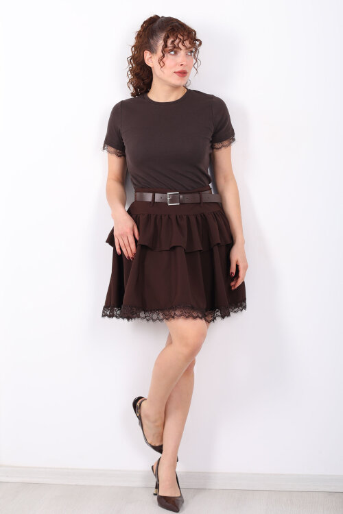 Bisiklet Yaka Kol Güpür Detaylı Kahverengi Kadın Basic T-Shirt - 4