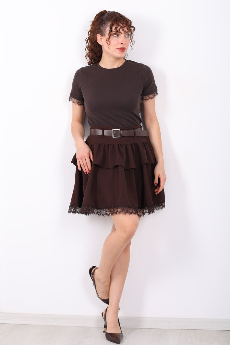 Bisiklet Yaka Kol Güpür Detaylı Kahverengi Kadın Basic T-Shirt - 4