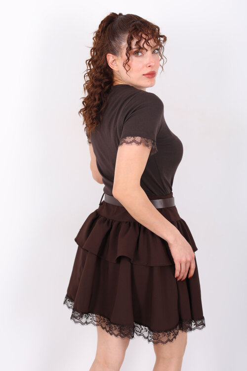 Bisiklet Yaka Kol Güpür Detaylı Kahverengi Kadın Basic T-Shirt - 5