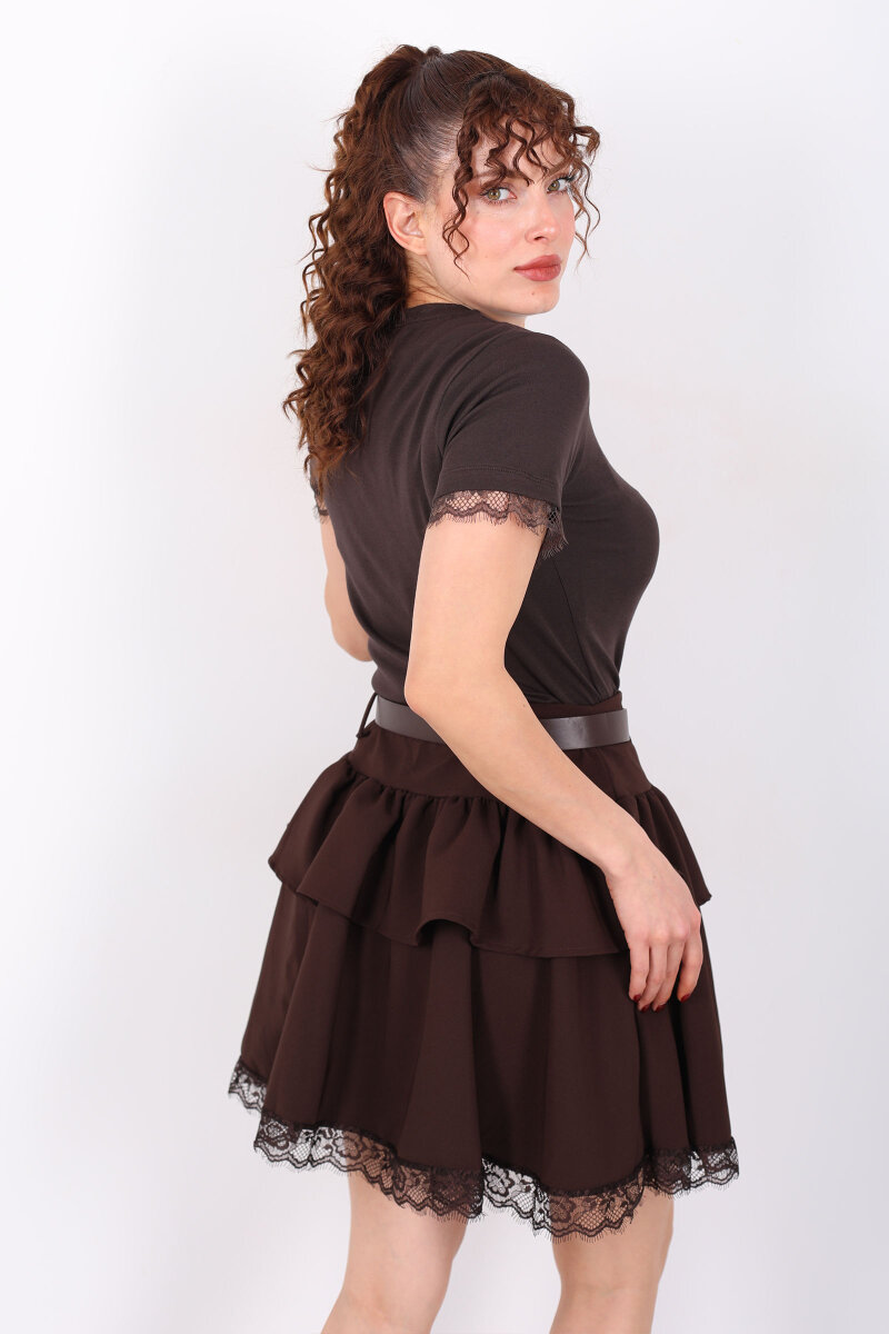 Bisiklet Yaka Kol Güpür Detaylı Kahverengi Kadın Basic T-Shirt - 5