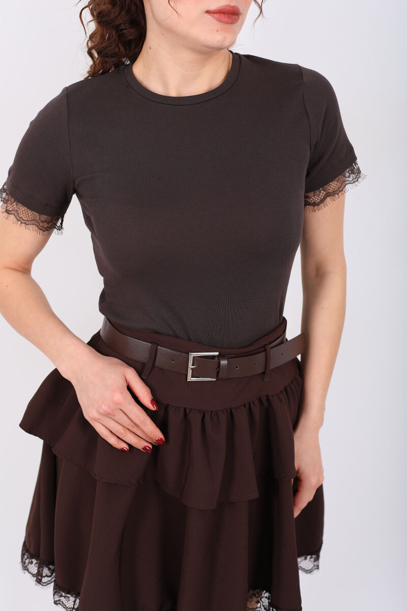 Bisiklet Yaka Kol Güpür Detaylı Kahverengi Kadın Basic T-Shirt - 2