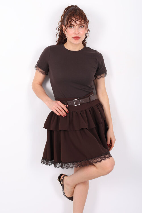 Bisiklet Yaka Kol Güpür Detaylı Kahverengi Kadın Basic T-Shirt - 6