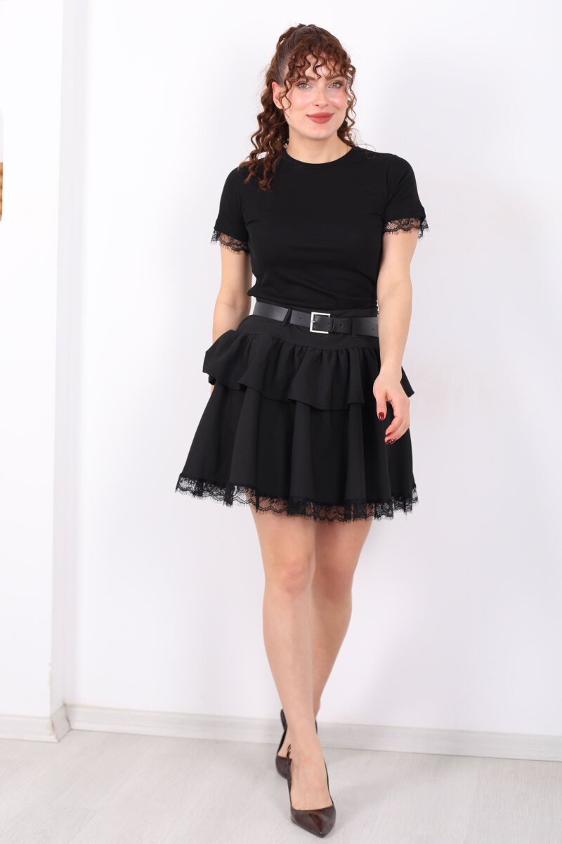 Bisiklet Yaka Kol Güpür Detaylı Siyah Kadın Basic T-Shirt - 4