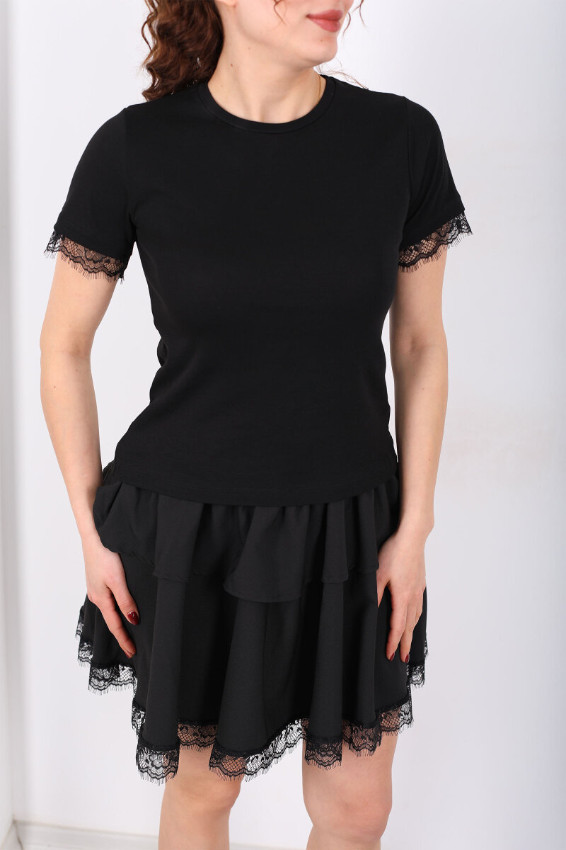 Bisiklet Yaka Kol Güpür Detaylı Siyah Kadın Basic T-Shirt - 2