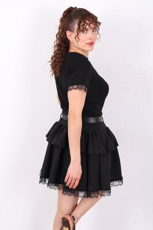 Bisiklet Yaka Kol Güpür Detaylı Siyah Kadın Basic T-Shirt - 5