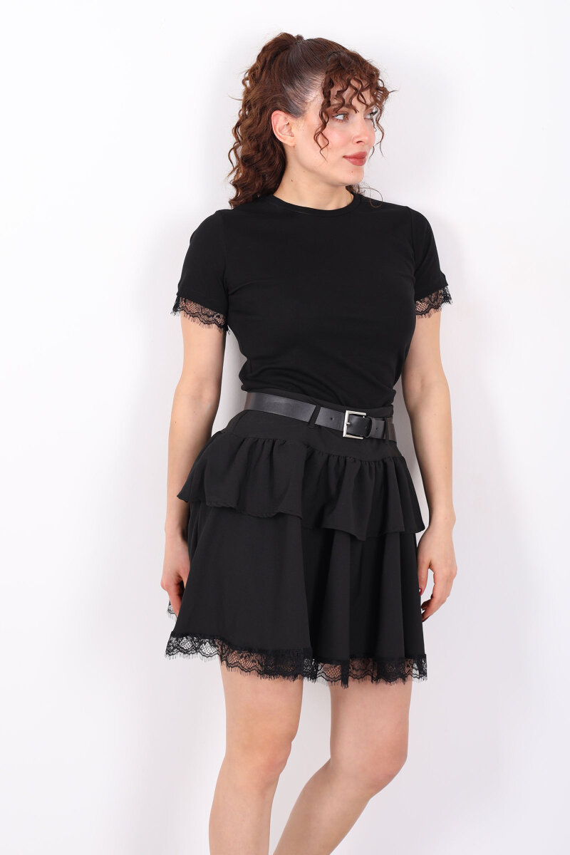 Bisiklet Yaka Kol Güpür Detaylı Siyah Kadın Basic T-Shirt - 6