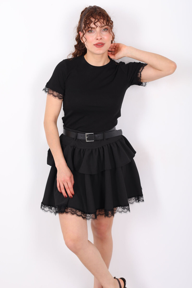 Bisiklet Yaka Kol Güpür Detaylı Siyah Kadın Basic T-Shirt - 3