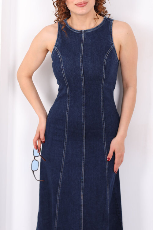 Bisiklet Yaka Kolsuz Kadın Lacivert Denim Kot Elbise - Berox (1)