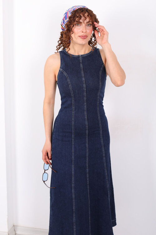 Bisiklet Yaka Kolsuz Kadın Lacivert Denim Kot Elbise - 5