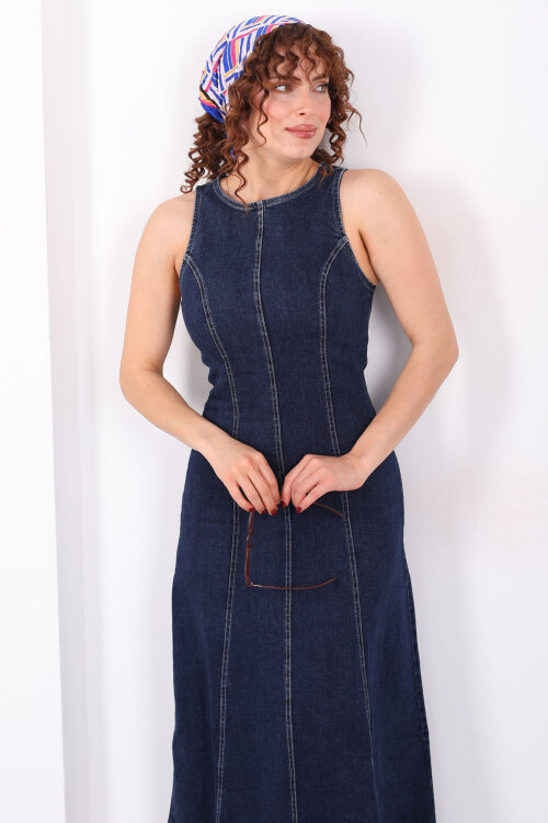 Bisiklet Yaka Kolsuz Kadın Lacivert Denim Kot Elbise - 3