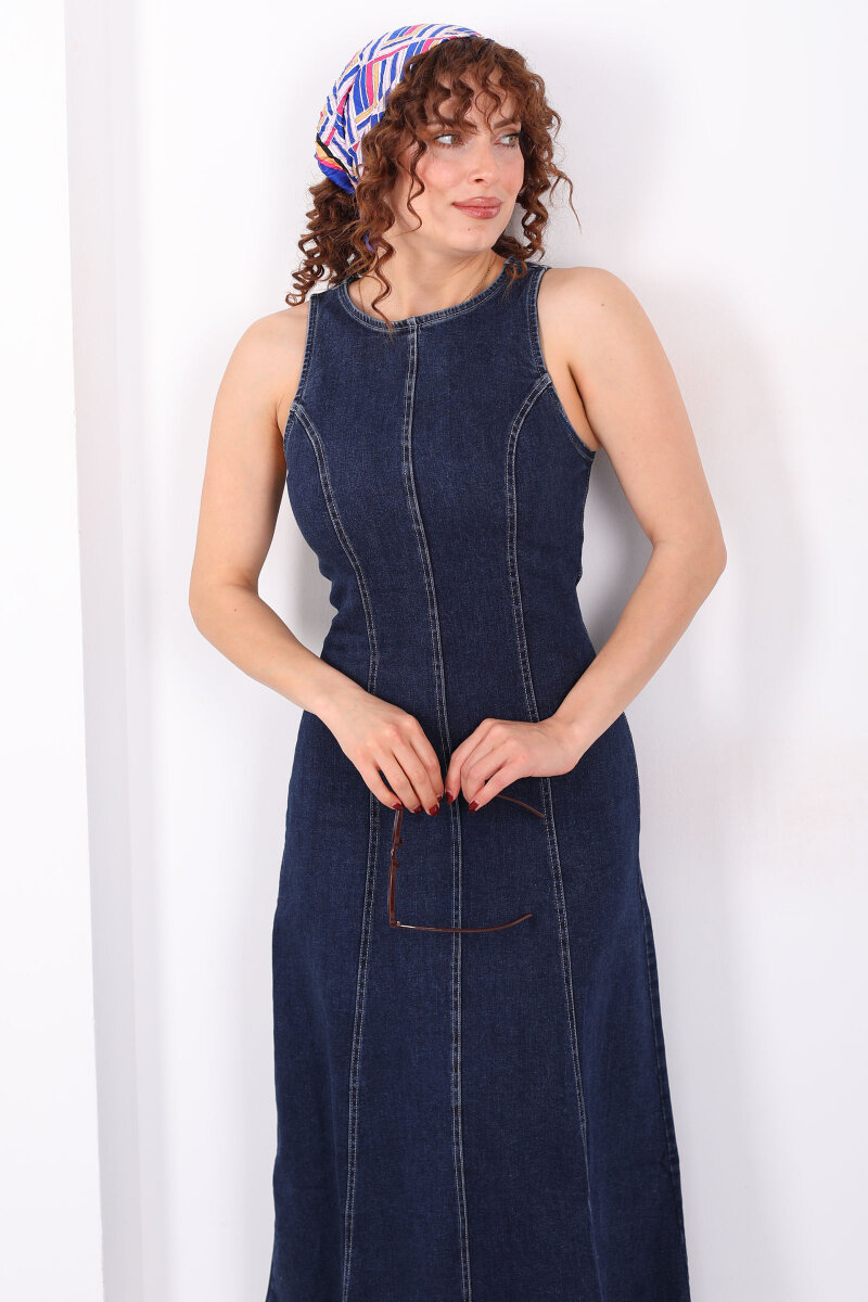 Bisiklet Yaka Kolsuz Kadın Lacivert Denim Kot Elbise - 3