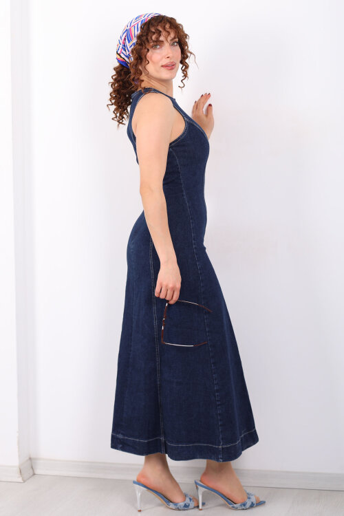 Bisiklet Yaka Kolsuz Kadın Lacivert Denim Kot Elbise - 6