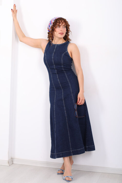 Bisiklet Yaka Kolsuz Kadın Lacivert Denim Kot Elbise - 4