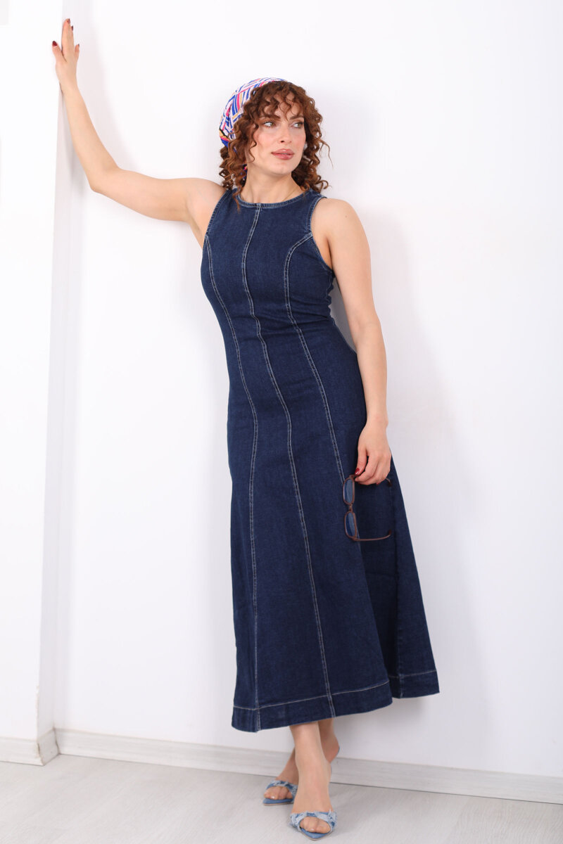 Bisiklet Yaka Kolsuz Kadın Lacivert Denim Kot Elbise - 4