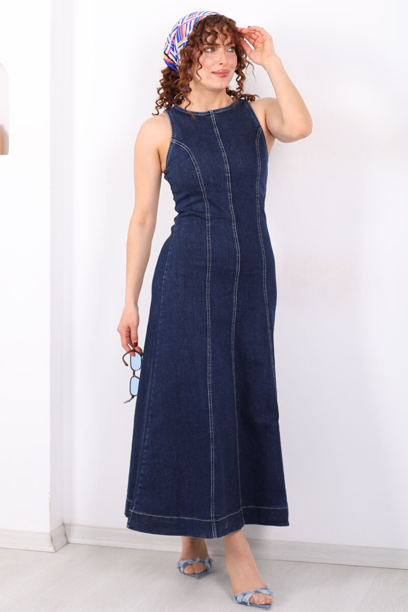 Bisiklet Yaka Kolsuz Kadın Lacivert Denim Kot Elbise - 1