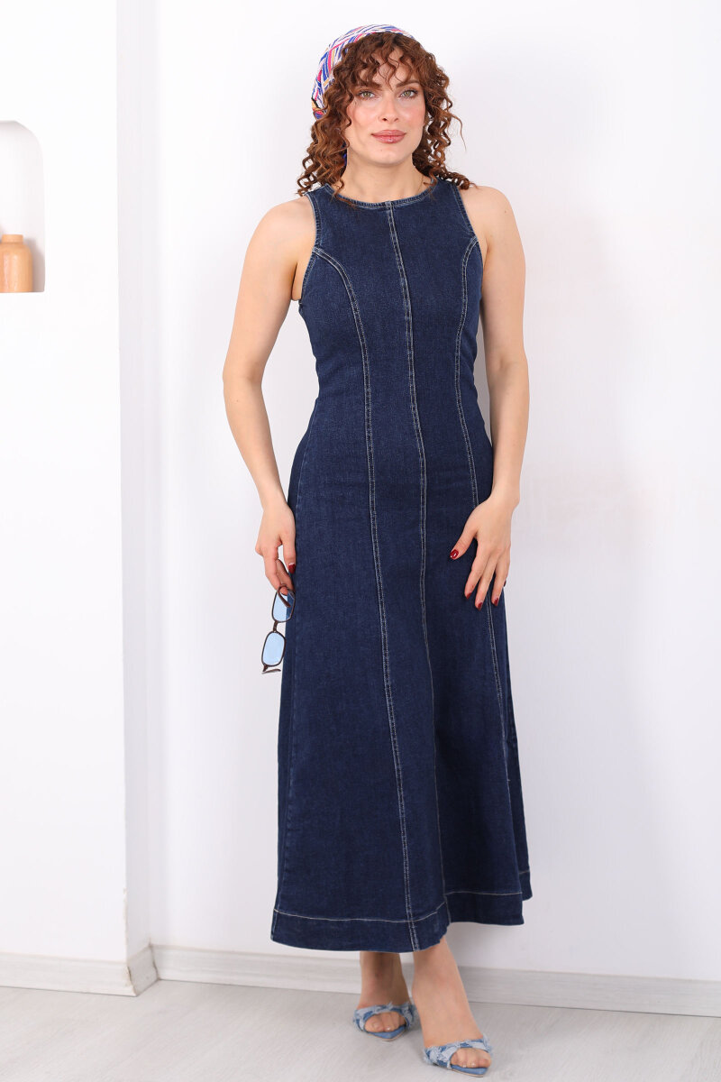 Bisiklet Yaka Kolsuz Kadın Lacivert Denim Kot Elbise - 8