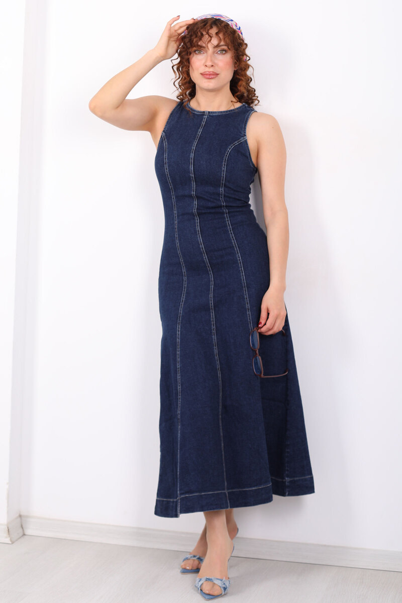 Bisiklet Yaka Kolsuz Kadın Lacivert Denim Kot Elbise - 7