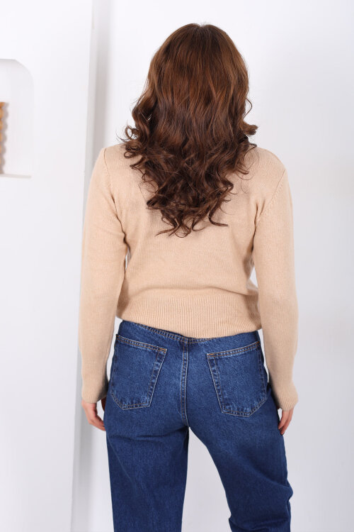 Bisiklet Yaka Krem Kadın Triko Kazak - 4