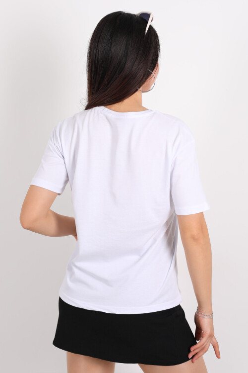 Bisiklet Yaka Kuş Nakışlı Beyaz Kadın T-Shirt - 4