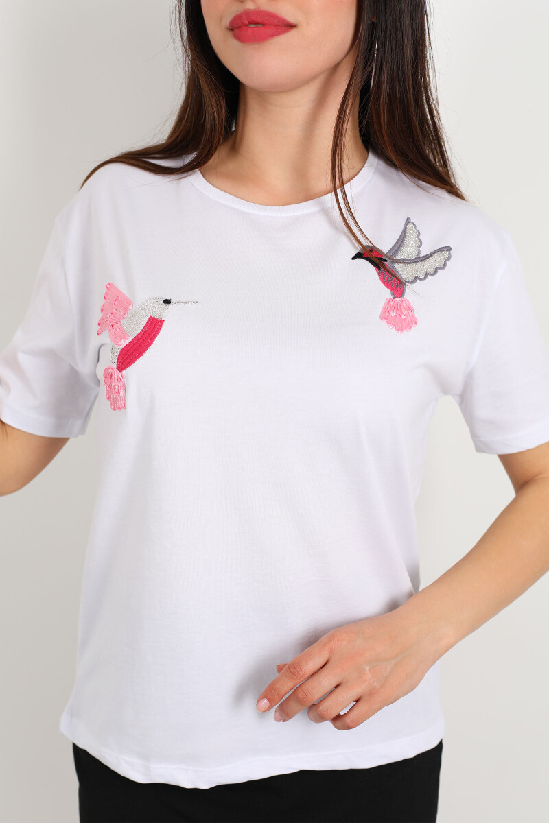 Bisiklet Yaka Kuş Nakışlı Beyaz Kadın T-Shirt - 2