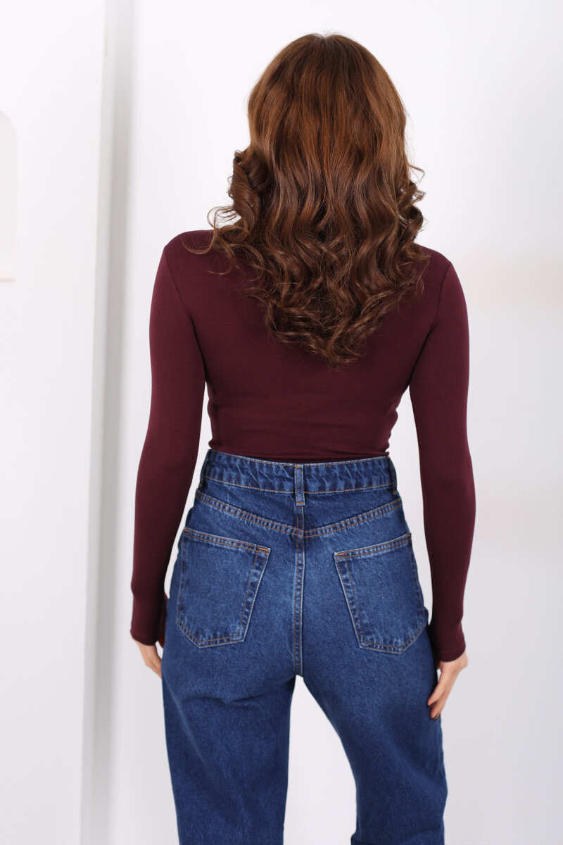 Bisiklet Yaka Mürdüm Kadın Ayıcık Nakışlı Body - 4