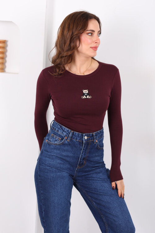 Bisiklet Yaka Mürdüm Kadın Ayıcık Nakışlı Body - 3