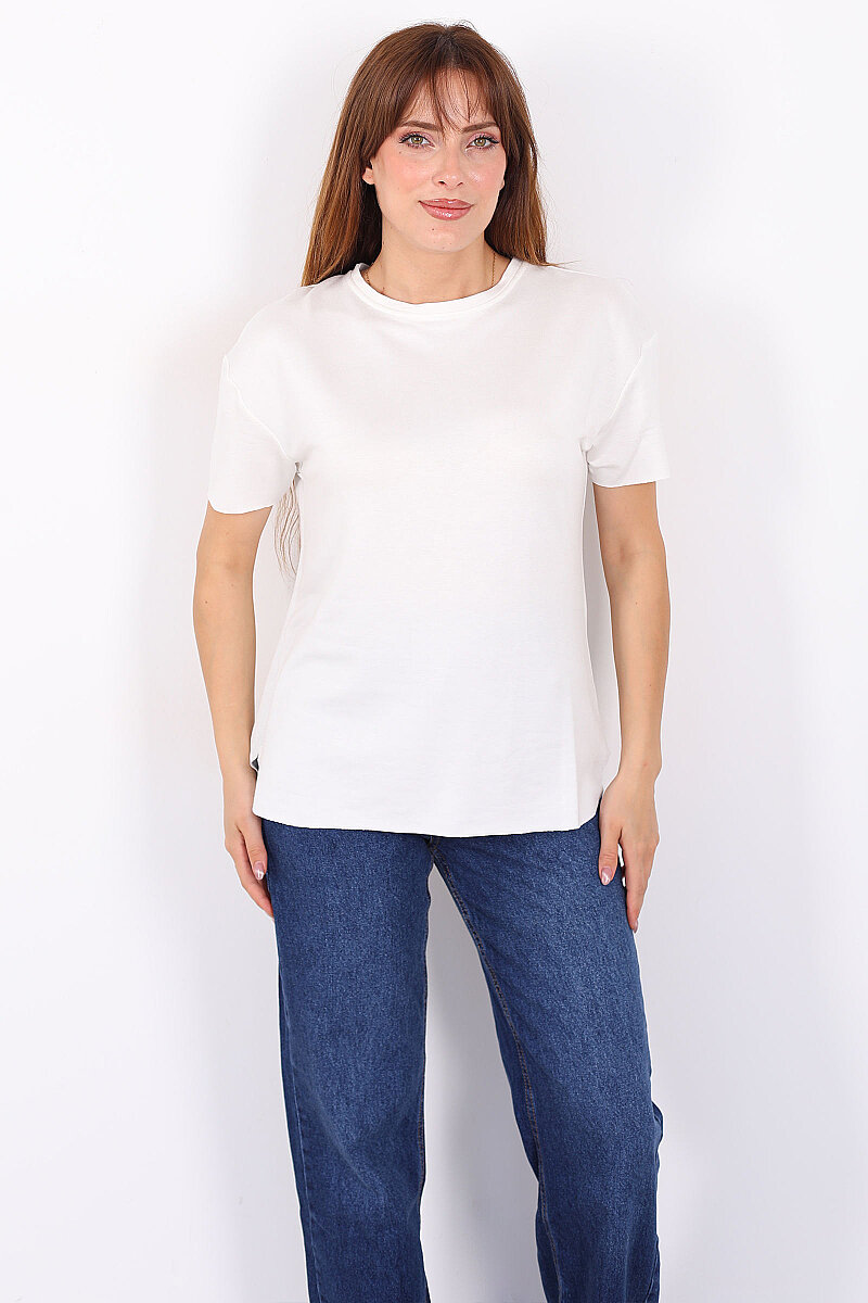 Bisiklet Yaka Oval Kesim Ekru Kadın T-Shirt - 1