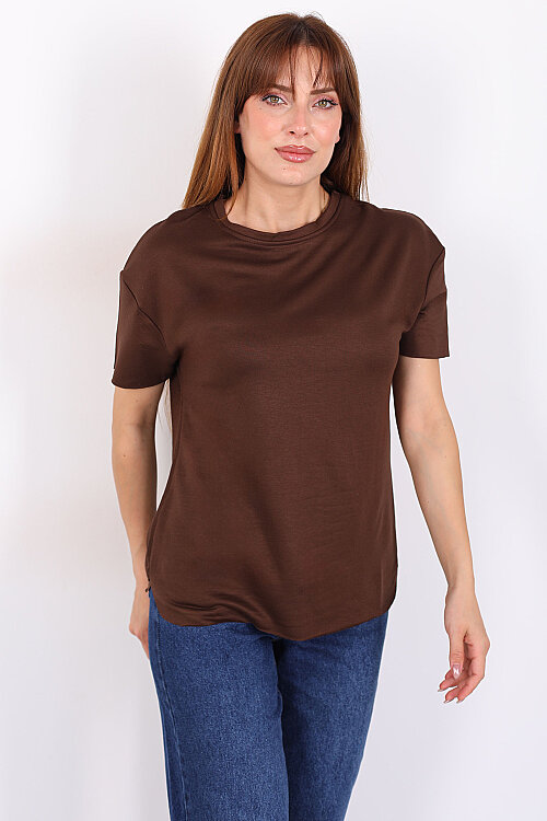 Bisiklet Yaka Oval Kesim Kahverengi Kadın T-Shirt - Berox
