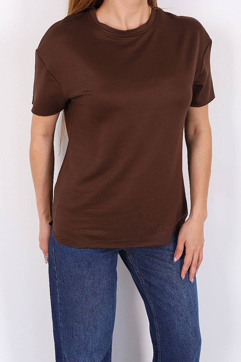 Bisiklet Yaka Oval Kesim Kahverengi Kadın T-Shirt - 2