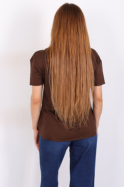 Bisiklet Yaka Oval Kesim Kahverengi Kadın T-Shirt - 4