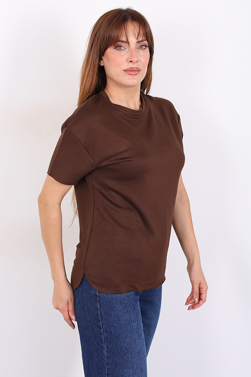 Bisiklet Yaka Oval Kesim Kahverengi Kadın T-Shirt - 3