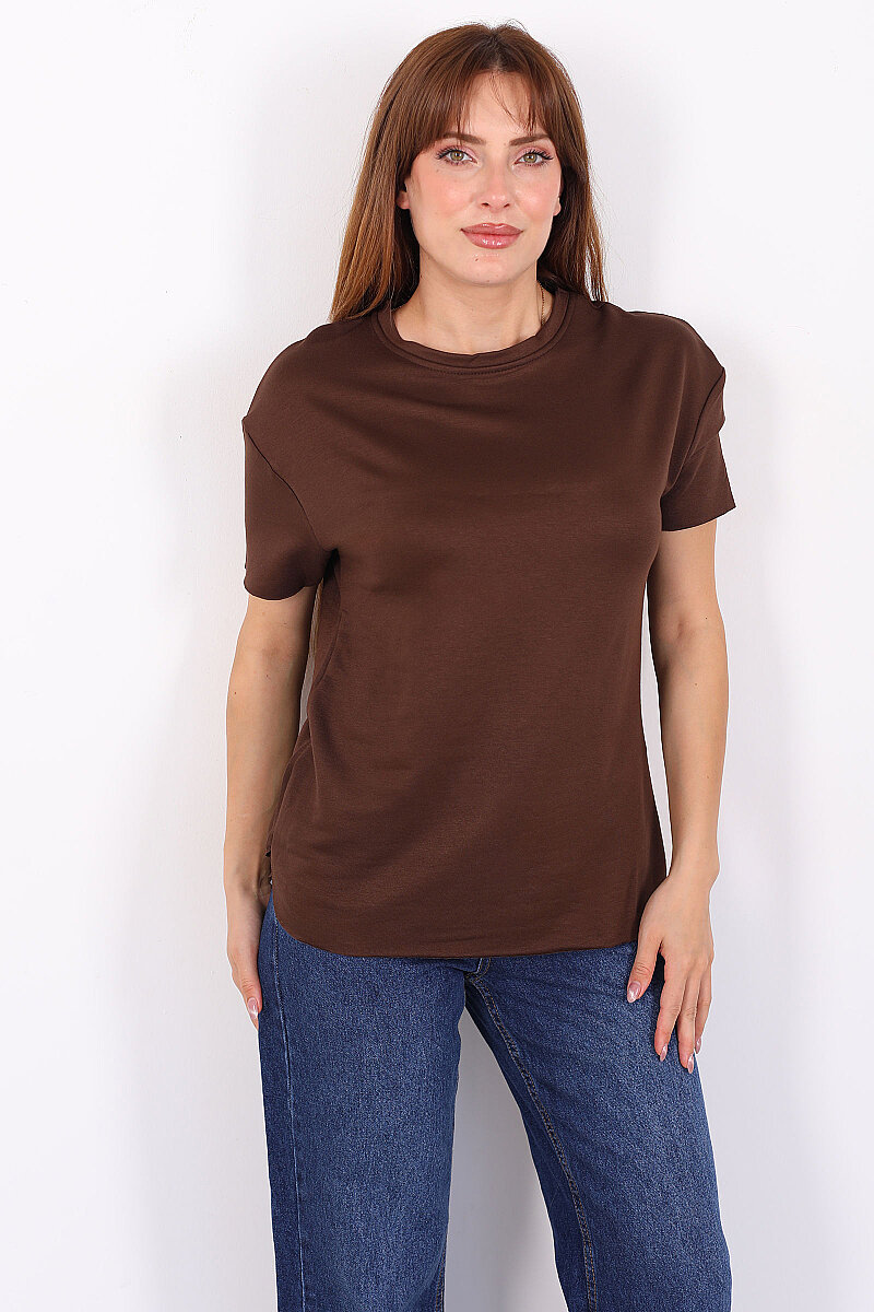 Bisiklet Yaka Oval Kesim Kahverengi Kadın T-Shirt - 5