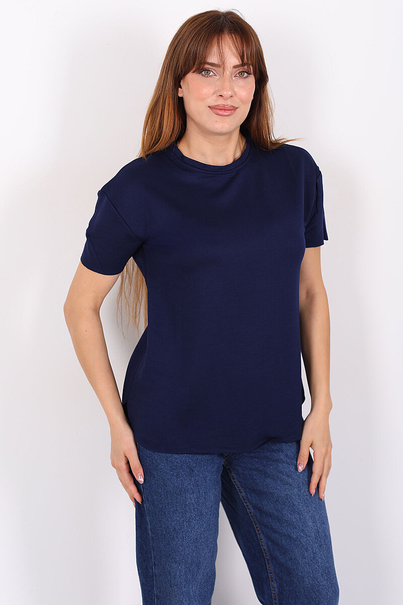 Bisiklet Yaka Oval Kesim Lacivert Kadın T-Shirt - 3