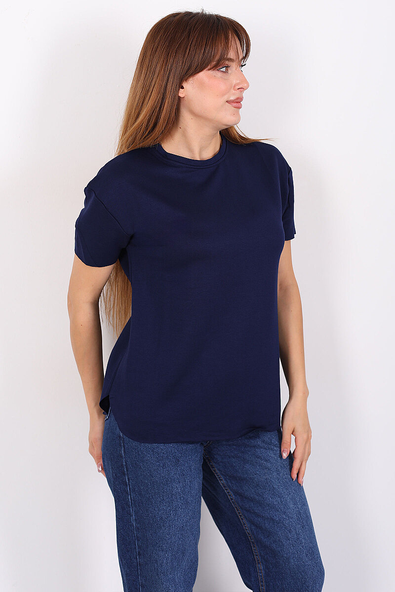 Bisiklet Yaka Oval Kesim Lacivert Kadın T-Shirt - 1