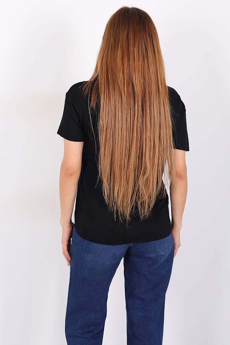 Bisiklet Yaka Oval Kesim Siyah Kadın T-Shirt - 5
