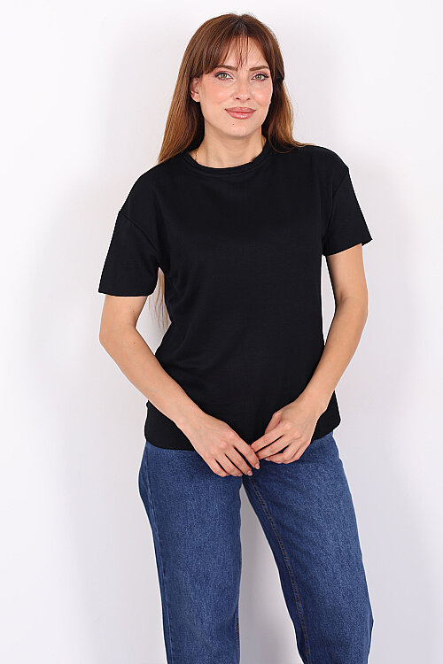 Bisiklet Yaka Oval Kesim Siyah Kadın T-Shirt - Berox