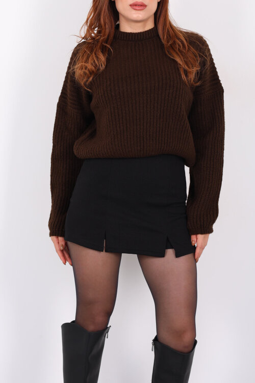 Bisiklet Yaka Oversize Acı Kahve Kadın Triko Crop - Berox (1)