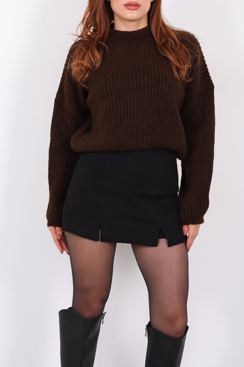 Bisiklet Yaka Oversize Acı Kahve Kadın Triko Crop - 2