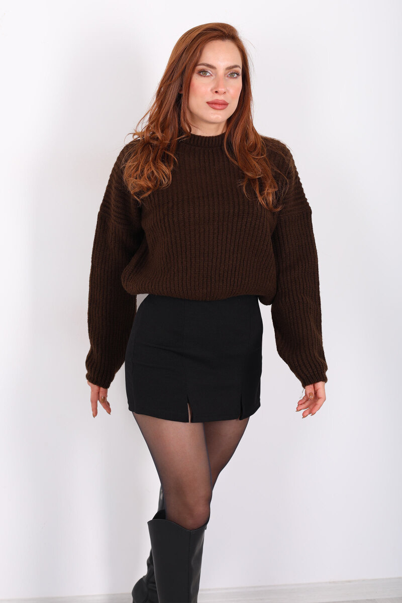 Bisiklet Yaka Oversize Acı Kahve Kadın Triko Crop - 6