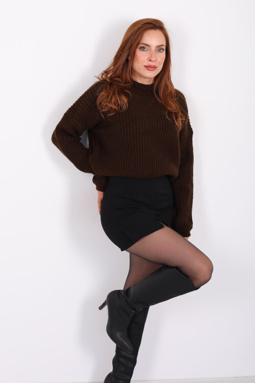 Bisiklet Yaka Oversize Acı Kahve Kadın Triko Crop - 4