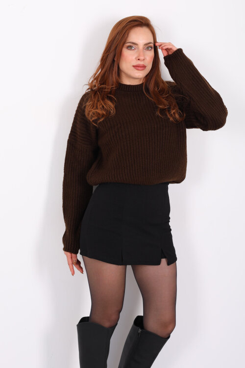 Bisiklet Yaka Oversize Acı Kahve Kadın Triko Crop - Berox